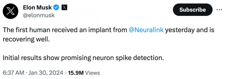 馬斯克 Neuralink 完成首次人類植入，迷因幣 Telepathy 大漲 41,000%