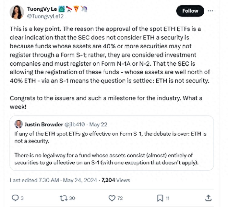 现货ETHSEC批准 ETF，这意味着ETH和大量其它代币不是证券